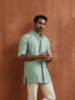 Thumbnail for trueBrowns Men's Green Cotton Dobby Front Open Short Kurta