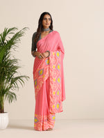 Thumbnail for trueBrowns Pink Lime Muslin Ikat Saree