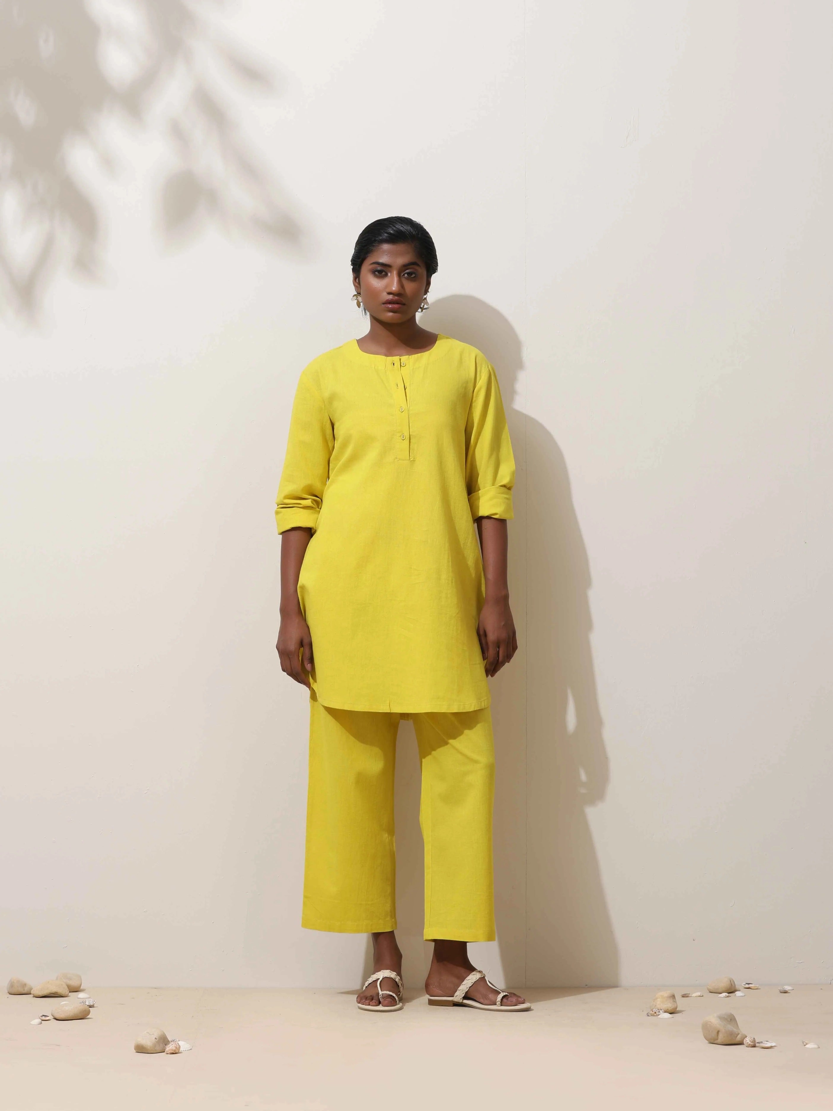 trueBrowns Lime Cotton Linen Kurta Co-Ord Set - Distacart