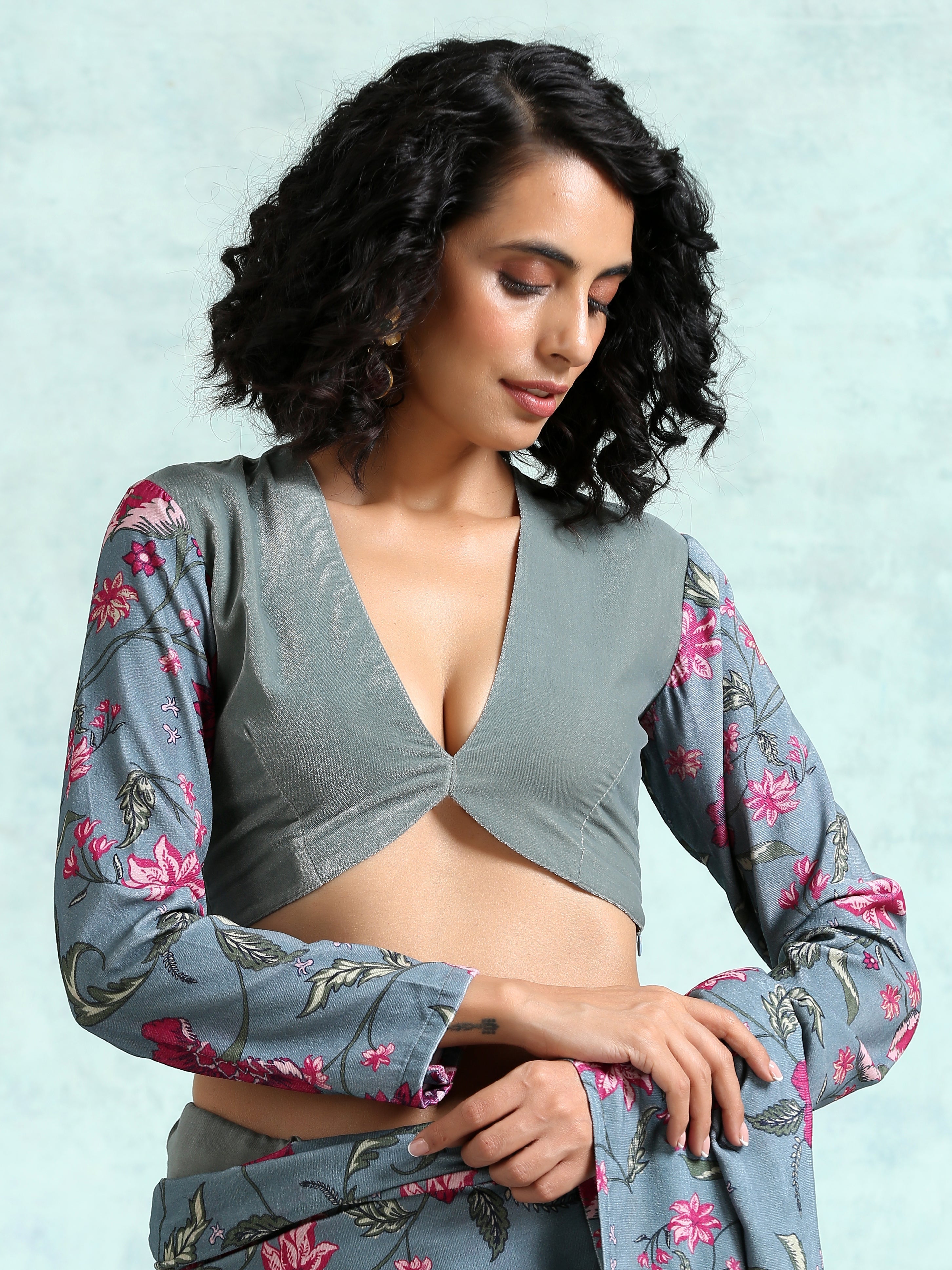 trueBrowns Grey Printed Sleeve Velvet Blouse - Distacart