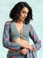 Thumbnail for trueBrowns Grey Printed Sleeve Velvet Blouse - Distacart