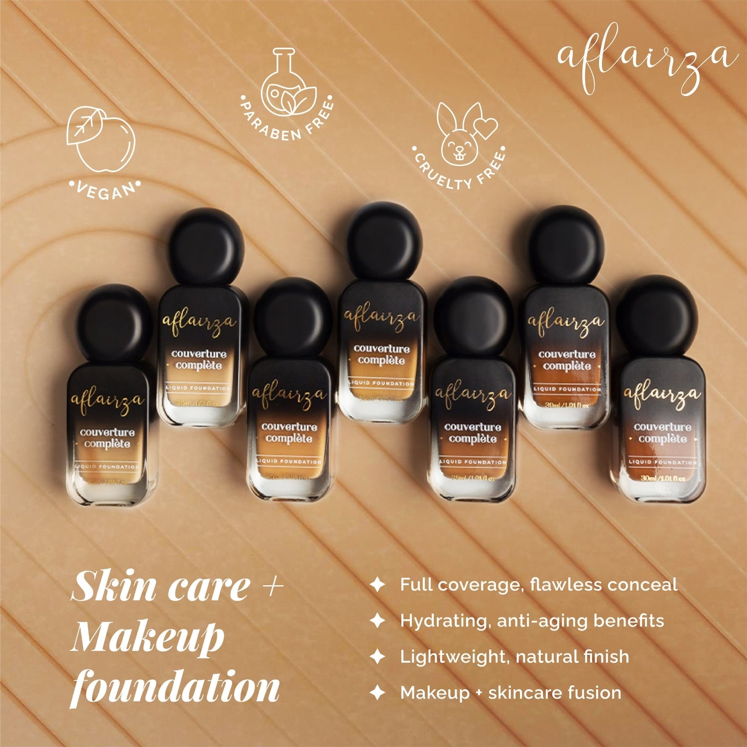 Aflairza Coverture Complete Liquid Foundation with 7 Shades for All Skin Tones