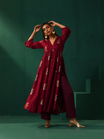 Thumbnail for trueBrowns Maroon Floral Viscose Silk V-Neck Waist Gathered Kurta Pant Set - Distacart