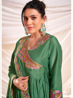 Thumbnail for BulBul Women Green Embroidered Premium Silk Angrakha Pattern Flare Suit With Dupatta