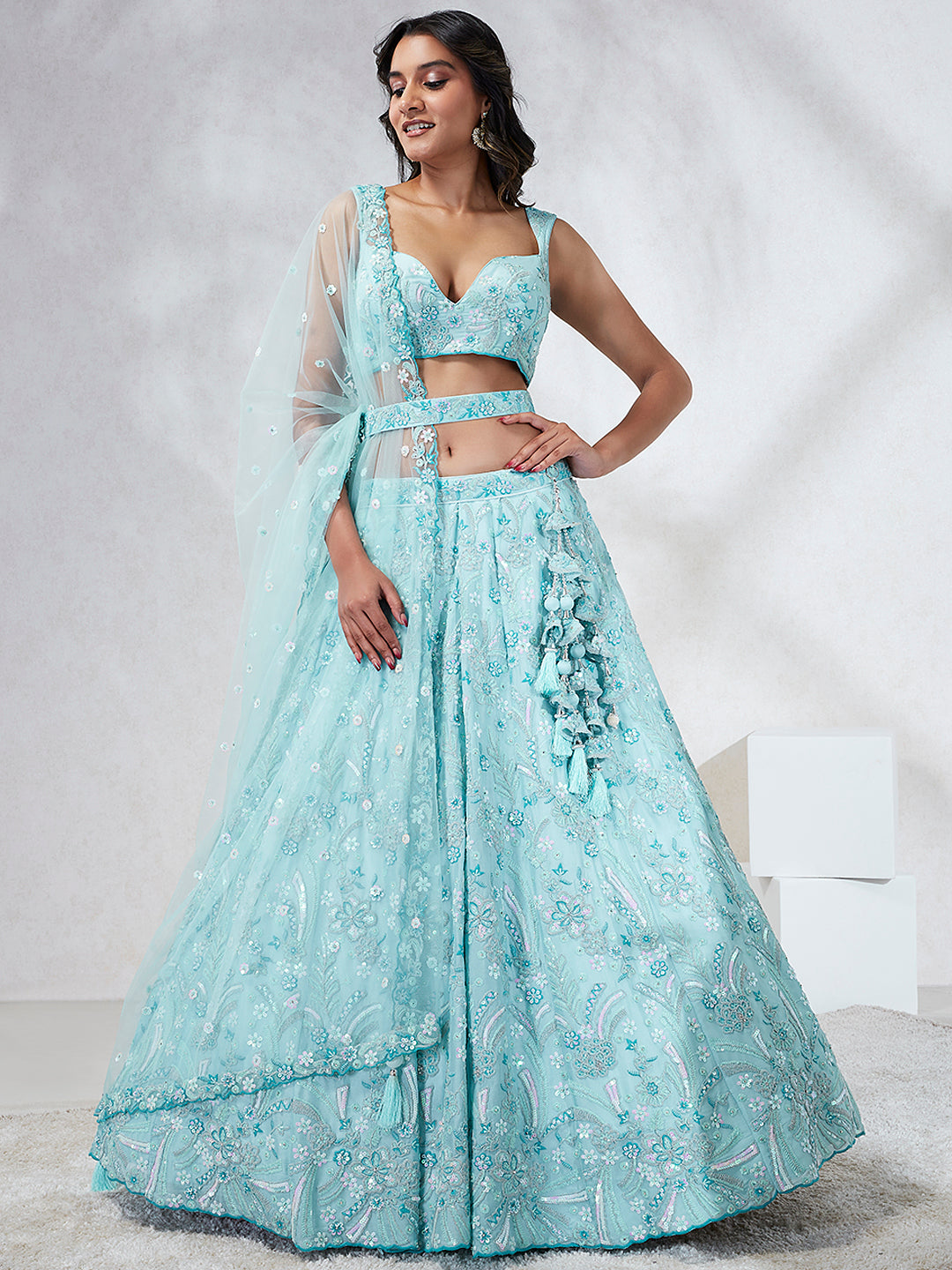 House of Panchhi Turquoise Blue Georgette Sequins And Thread Embroidery Lehenga Choli & Dupatta - Distacart
