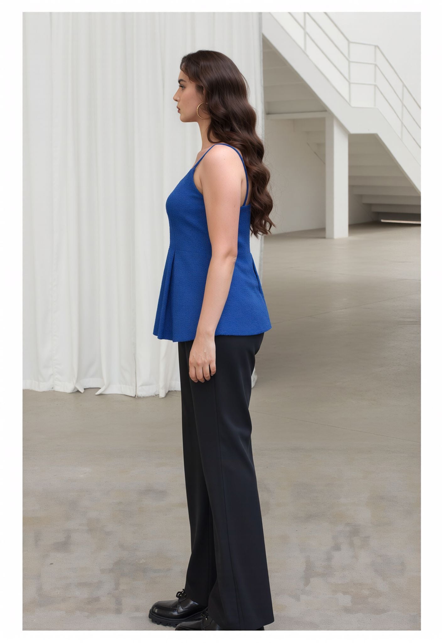 Myshka Women Blue Linen Shoulder Strap Pleated Top - Dista