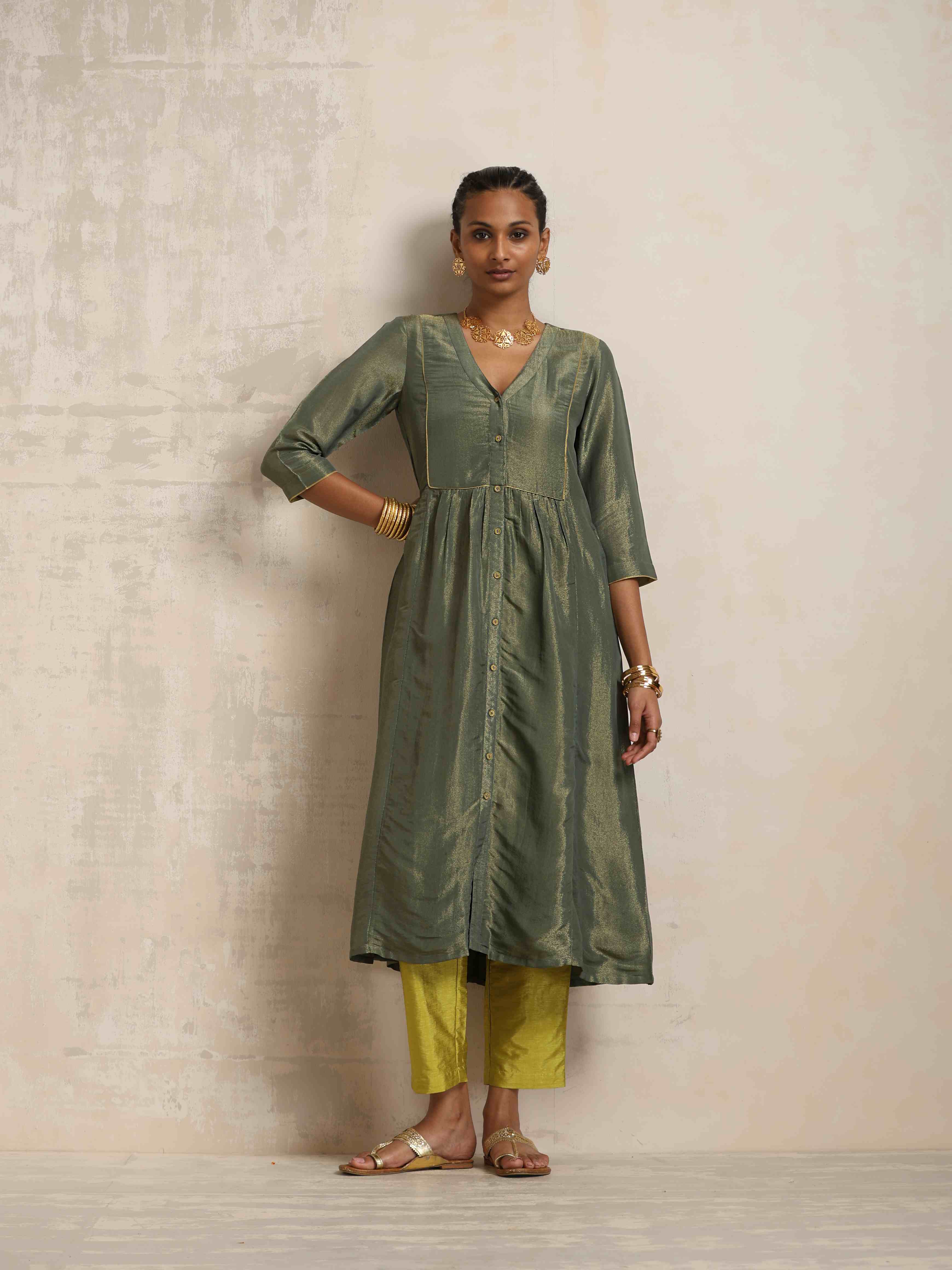 trueBrowns Green Tissue A-line Kurta Set - Distacart