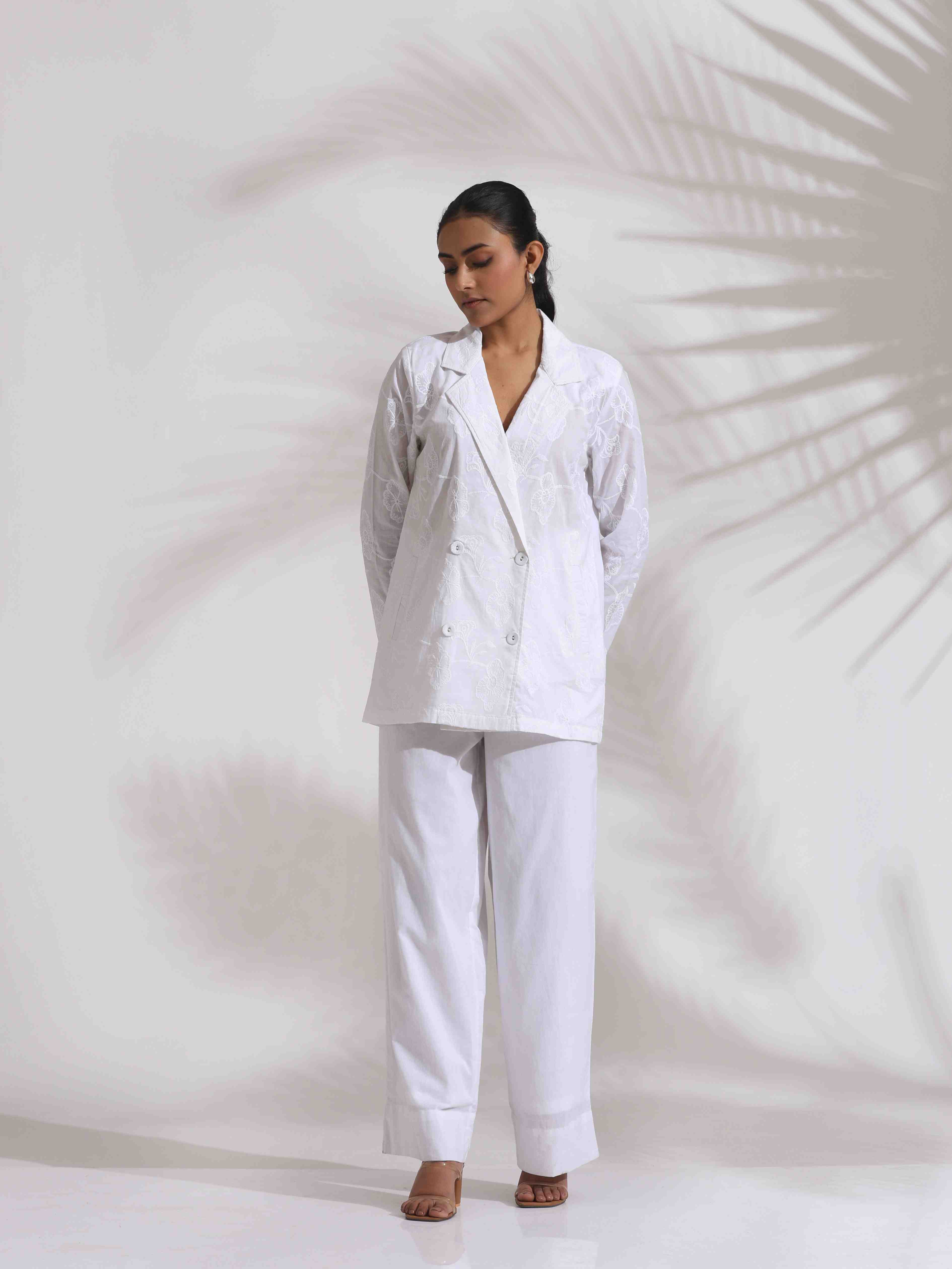 trueBrowns White Cotton Schiffli Jacket Co-ord Set - Distacart
