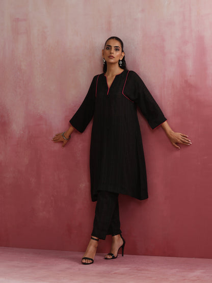 trueBrowns Black Cotton Dobby Kurta Co-ord set - Distacart