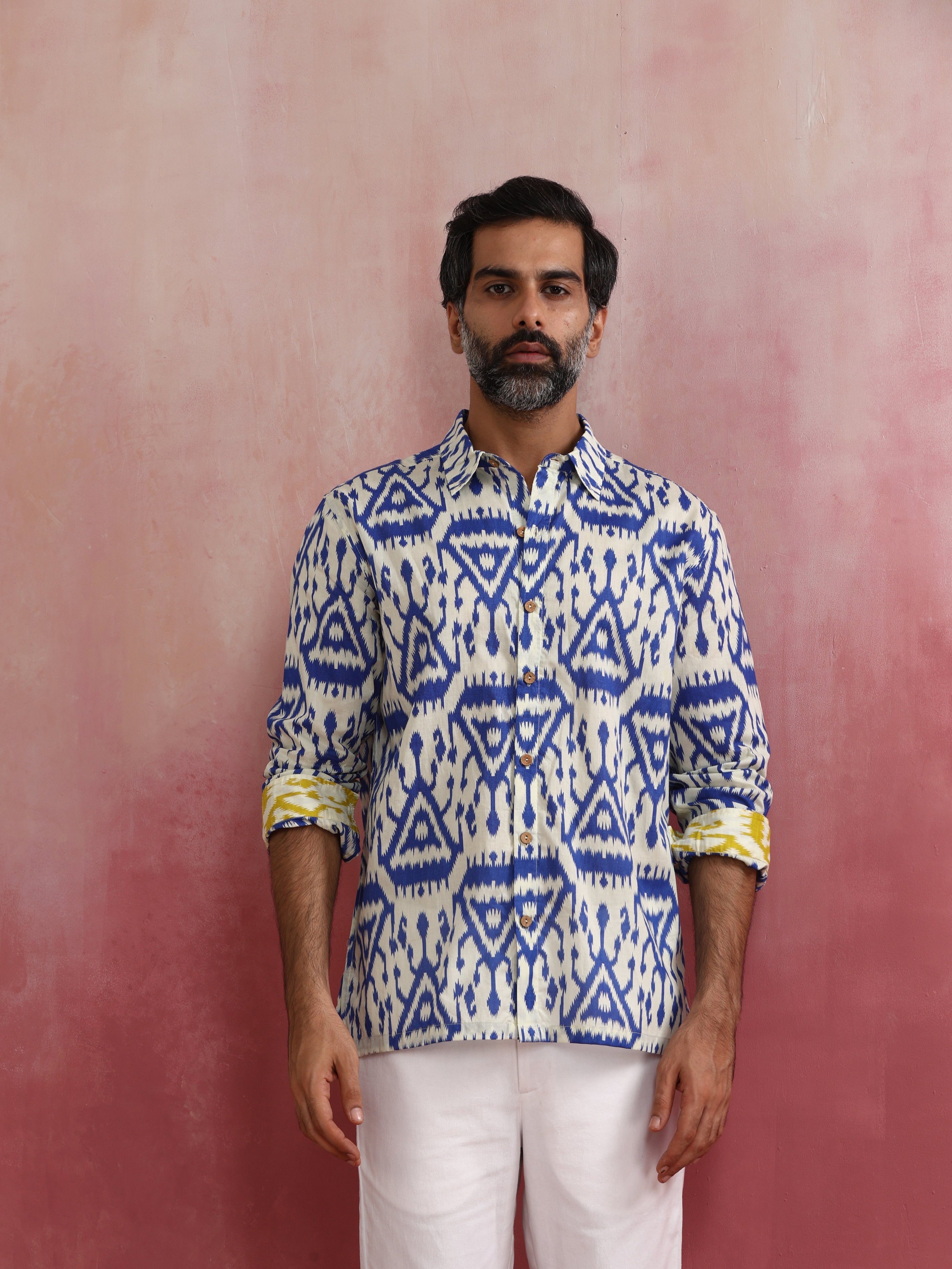 trueBrowns Men's Blue Ikat Print Cambric Shirt - Distacart