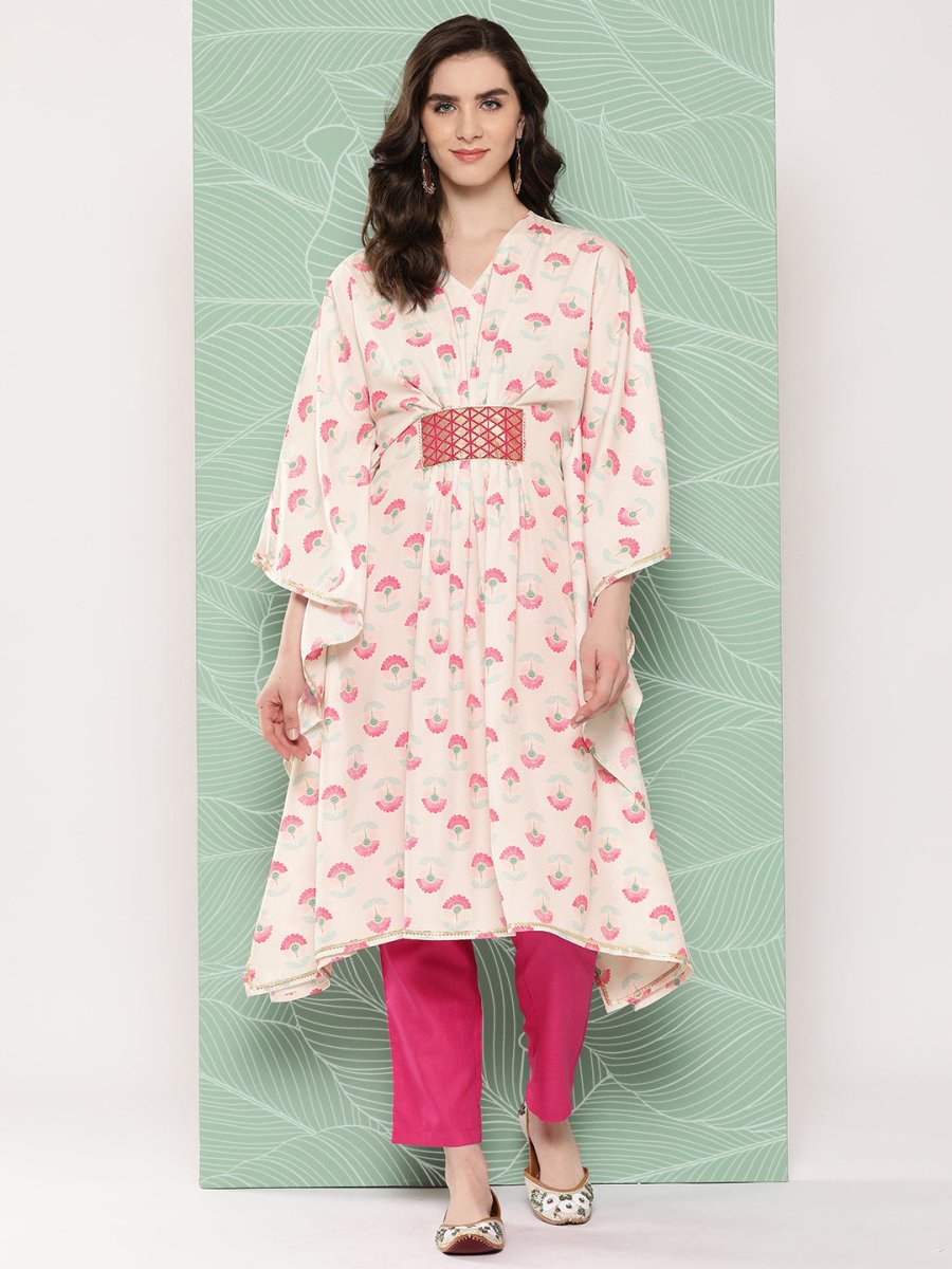 Ahalyaa Women Floral Printed Flared Sleeves Gotta Patti Crepe Kaftan Kurta - Distacart