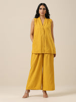 Thumbnail for trueBrowns Mustard Yellow Slub Texture Sleevesless Jacket Pant Set - Distacart