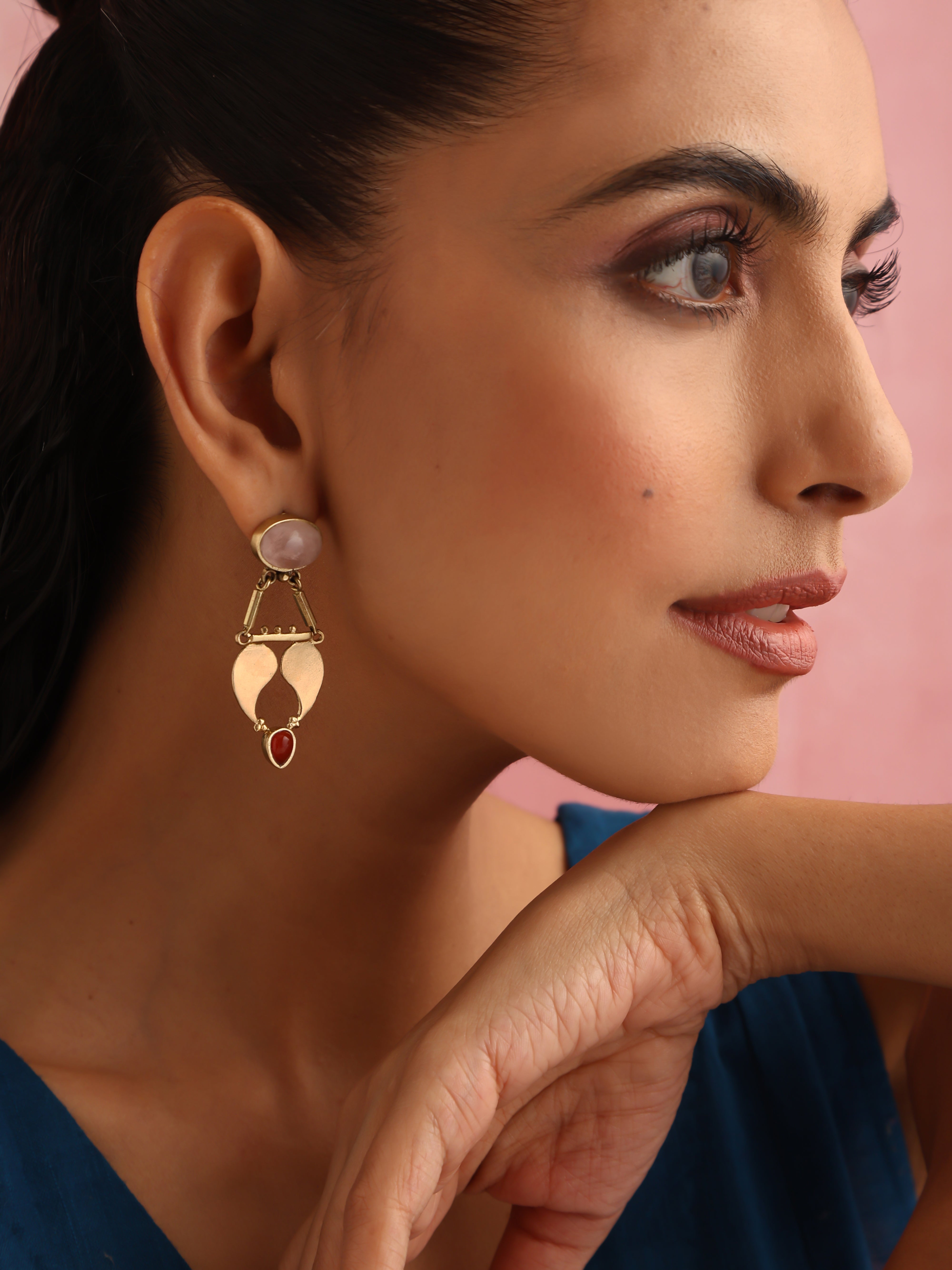 trueBrowns Brass Pink Stone Paisley Earrings - Distacart