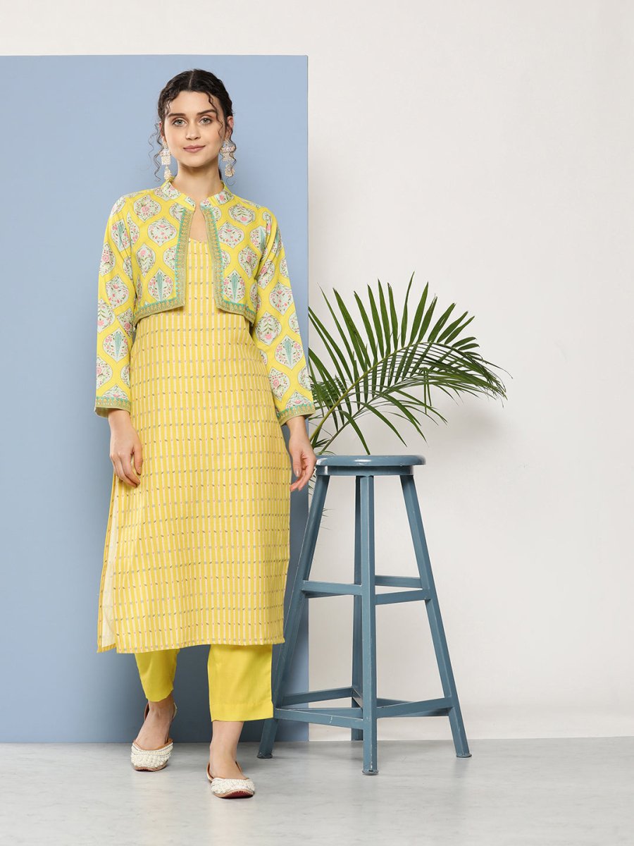 Ahalyaa Women Yellow Floral Printed Kurta with Trousers & Jacket - Distacart