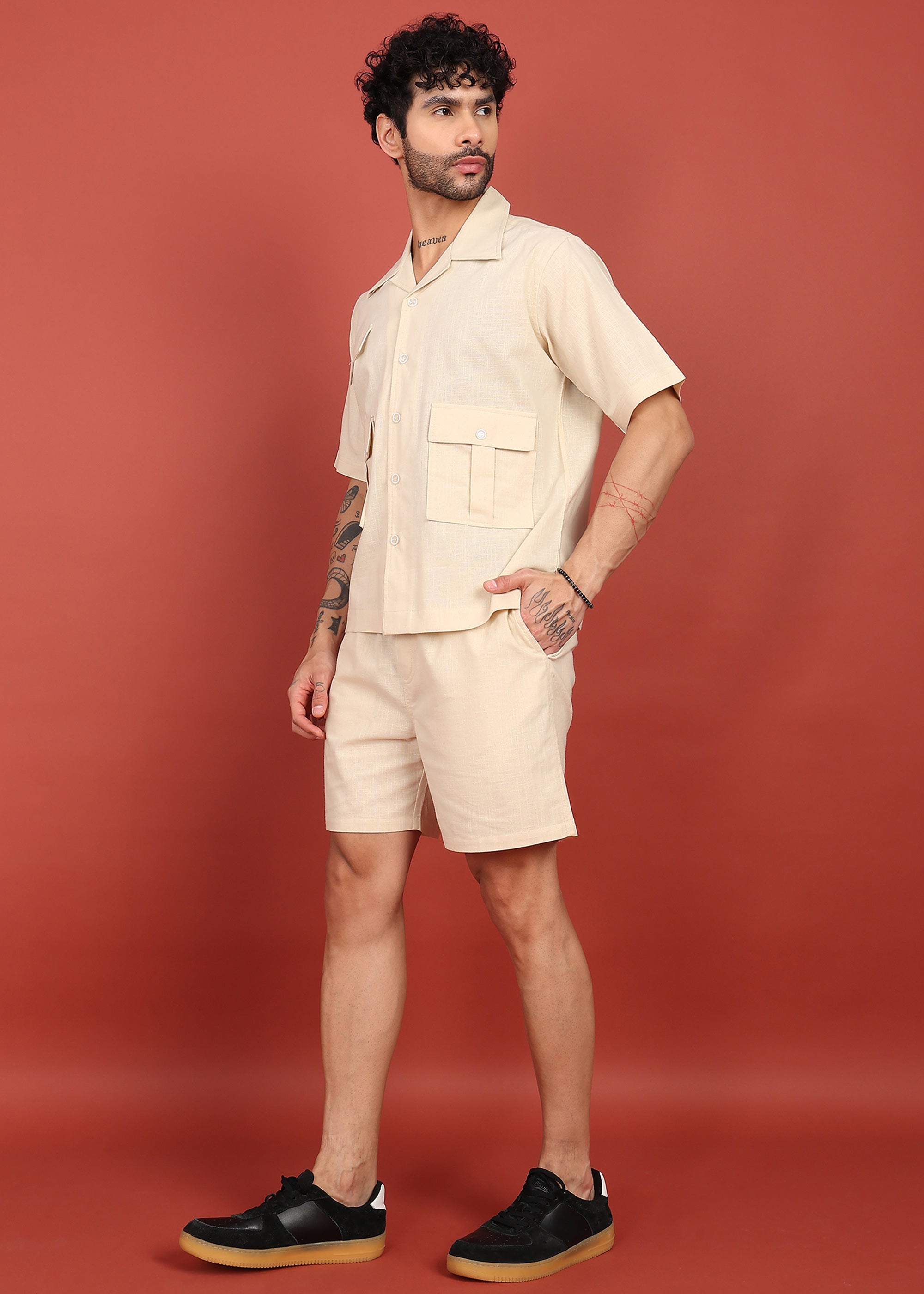 Fabmade Men Beige Cotton Linen Coort-Set Shorts - Distacart
