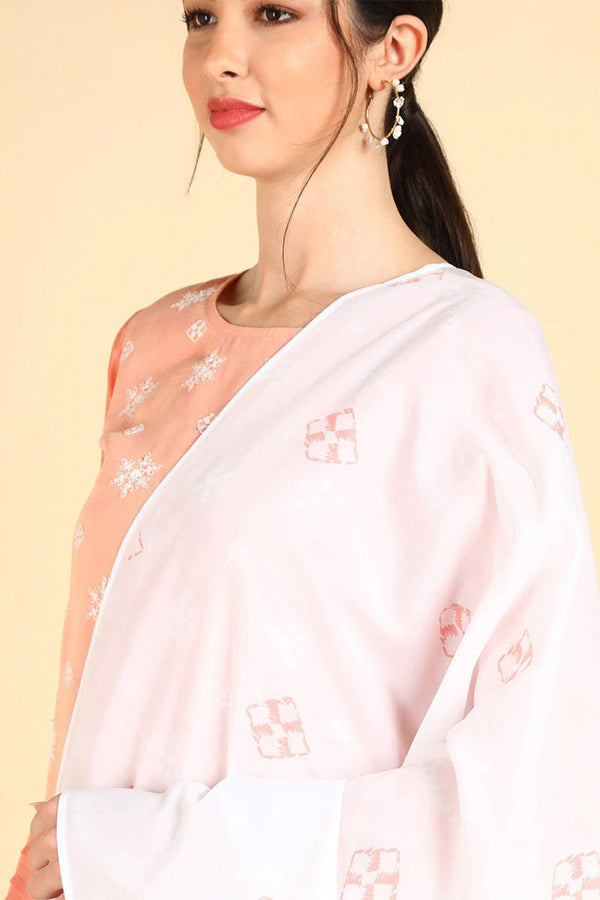 Ahika Peach Poly Silk Straight Suit Set