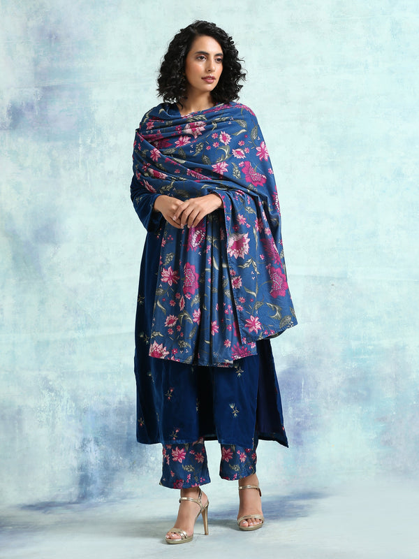 trueBrowns Blue Printed Velvet Shawl - Distacart