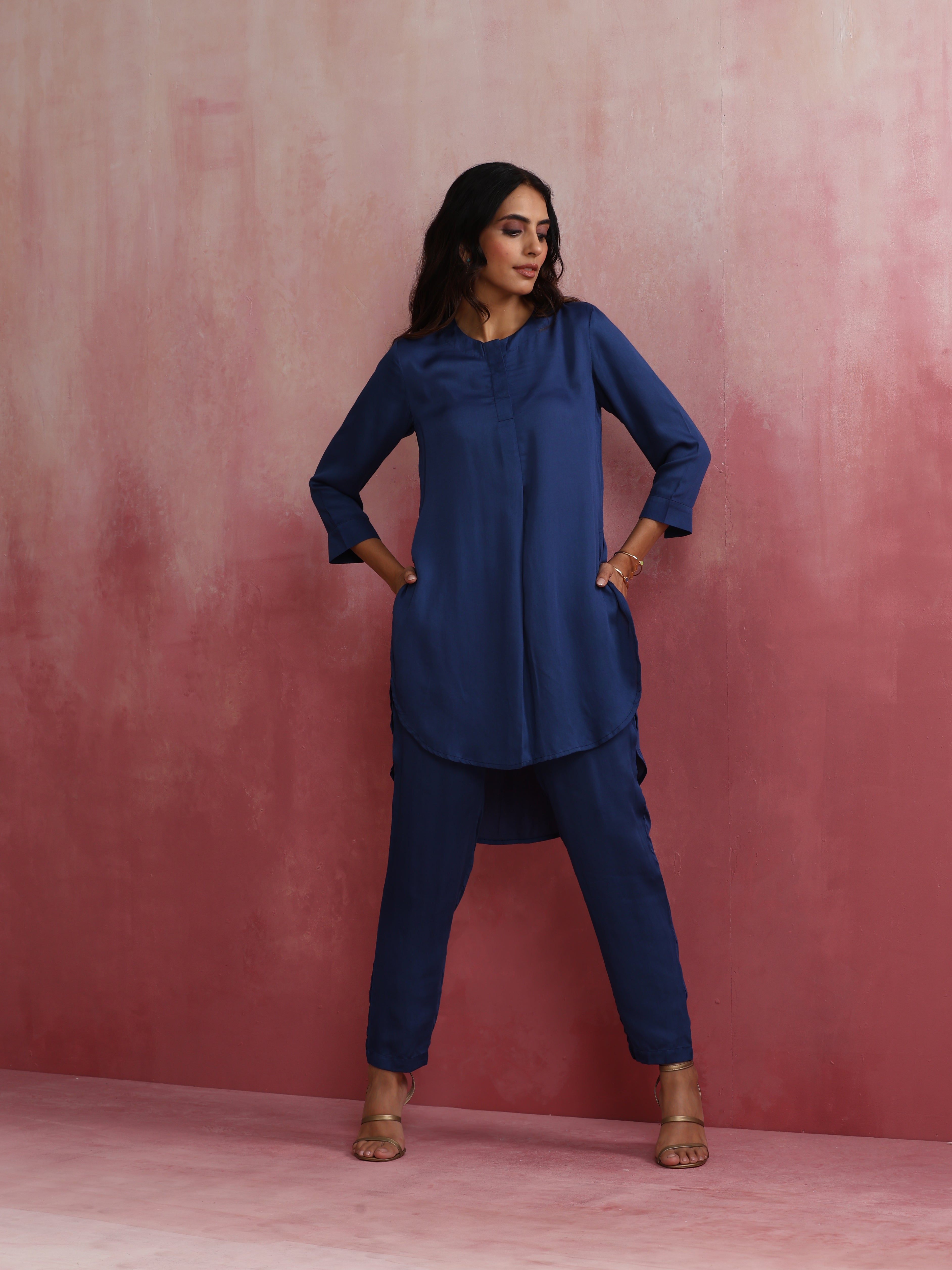 trueBrowns Blue Modal High Low Kurta Co-ord Set - Distacart