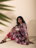 Thumbnail for trueBrowns Pink Cotton Ikat Flared Kurta Pant Set - Distacart