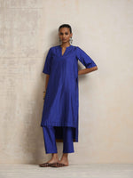 Thumbnail for trueBrowns Blue Silk High Slit Kurta Set