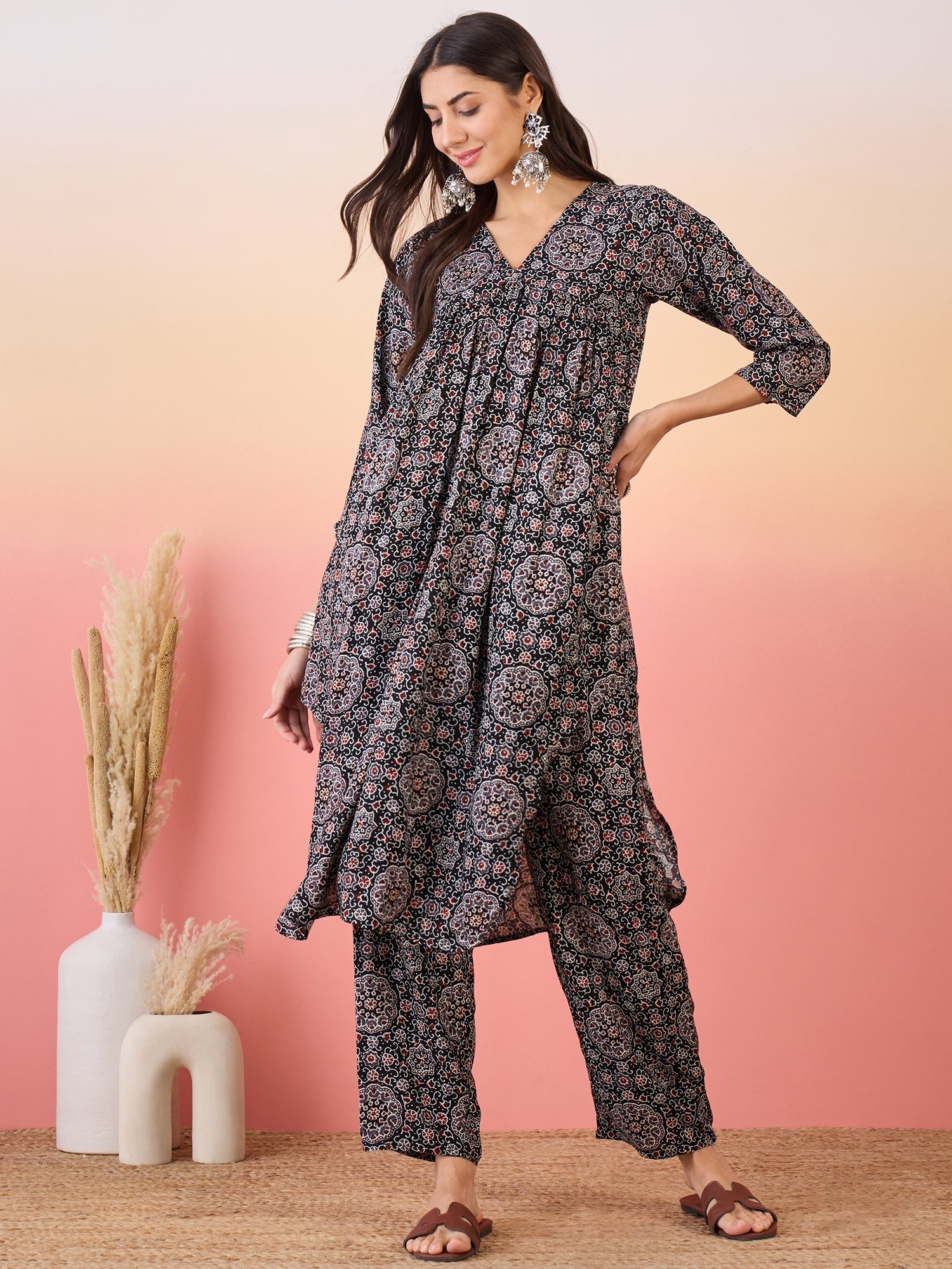 InWeave Black Maroon Ajrakh Foil V Neck Flared Kurta Pant Set - Distacart
