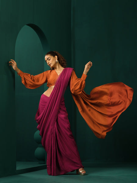 trueBrowns Maroon Rust Silk Ready To Wear Saree - Distacart