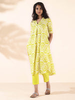 Thumbnail for trueBrowns Lime Cotton Ikat Kurta Pant Set - Distacart