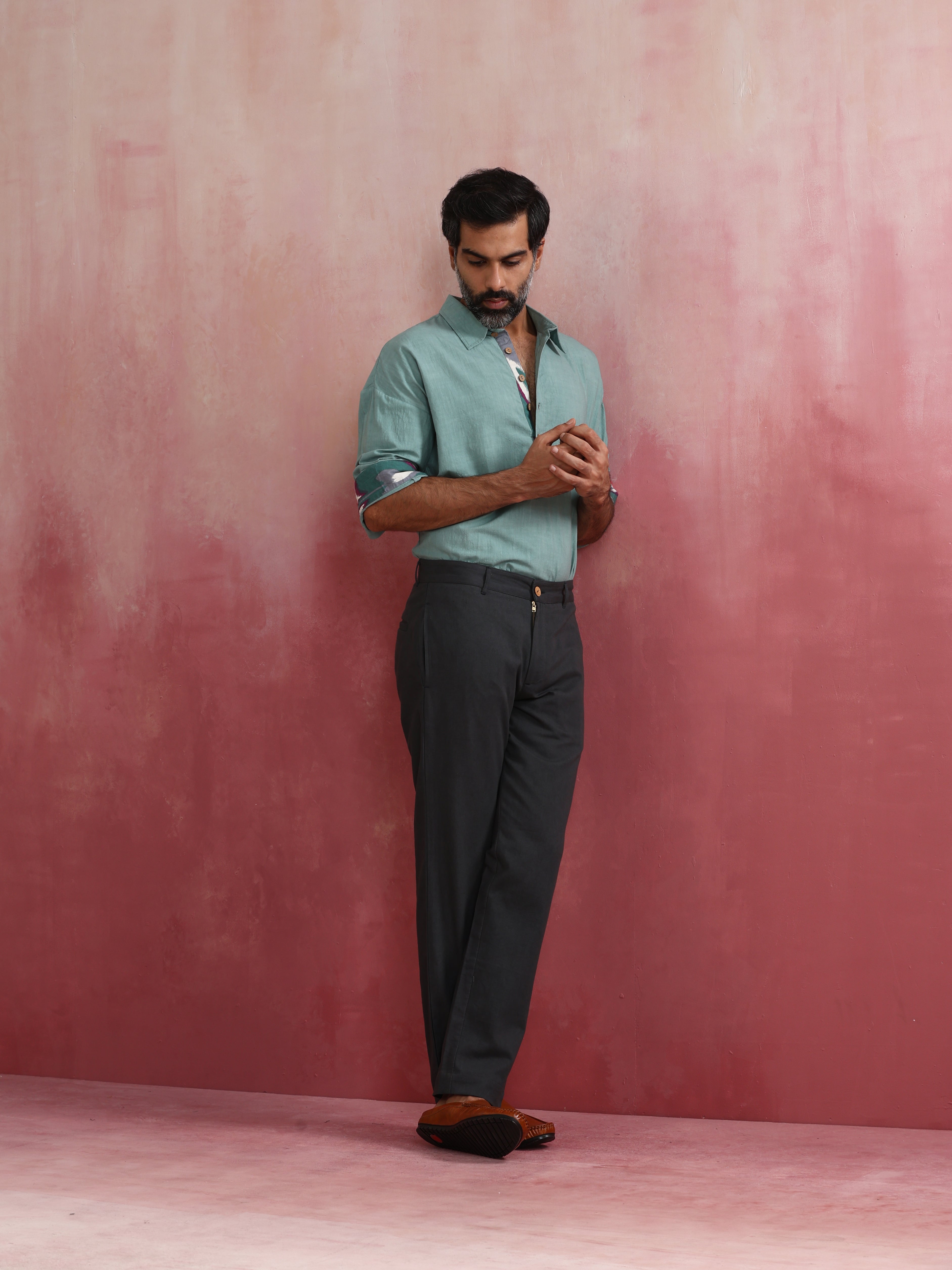 trueBrowns Men's Aqua Blue Cotton Shirt Collar Stylized Kurta - Distacart