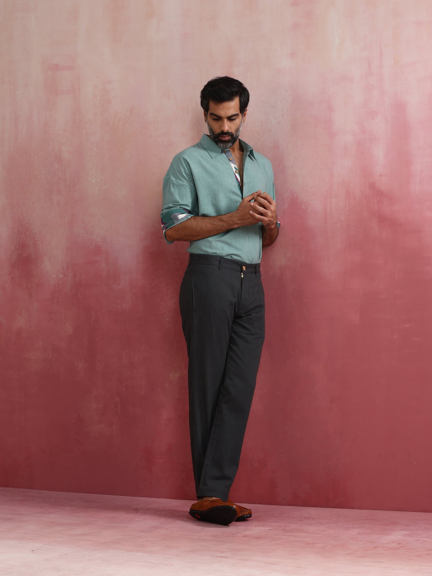trueBrowns Men's Aqua Blue Cotton Shirt Collar Stylized Kurta - Distacart
