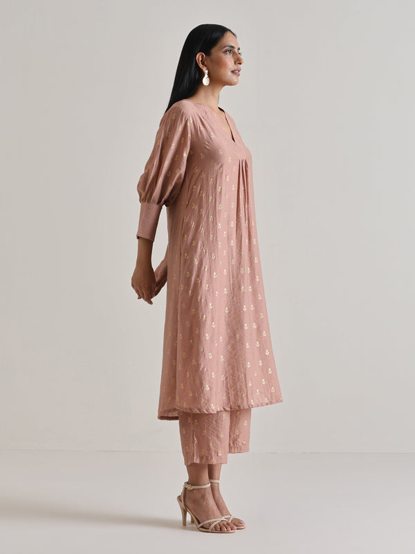 trueBrowns Beige Foil Puff Sleeve Kurta Set - Distacart