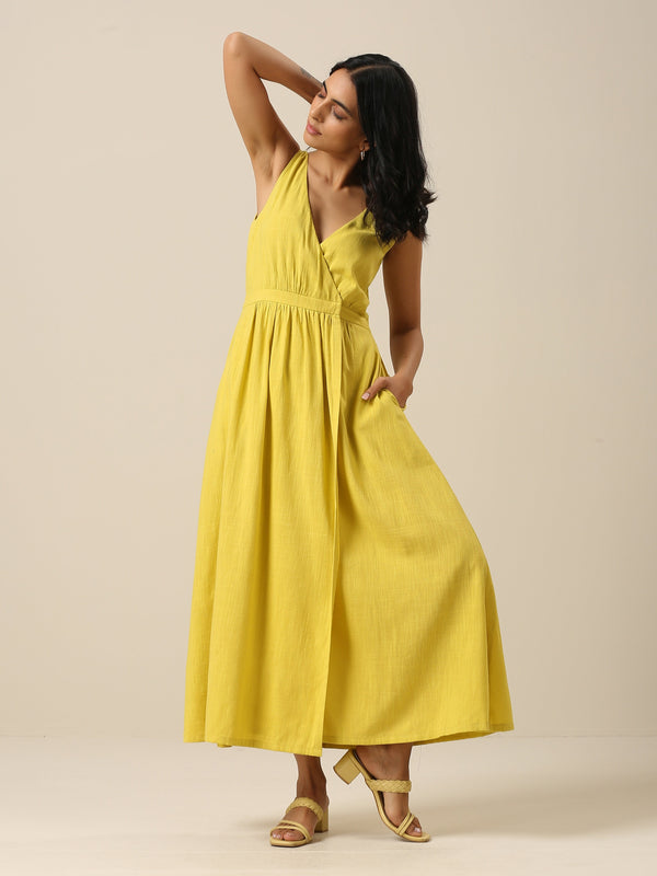 trueBrowns Lime Slub Texture Sleeveless Wrap Dress - Distacart