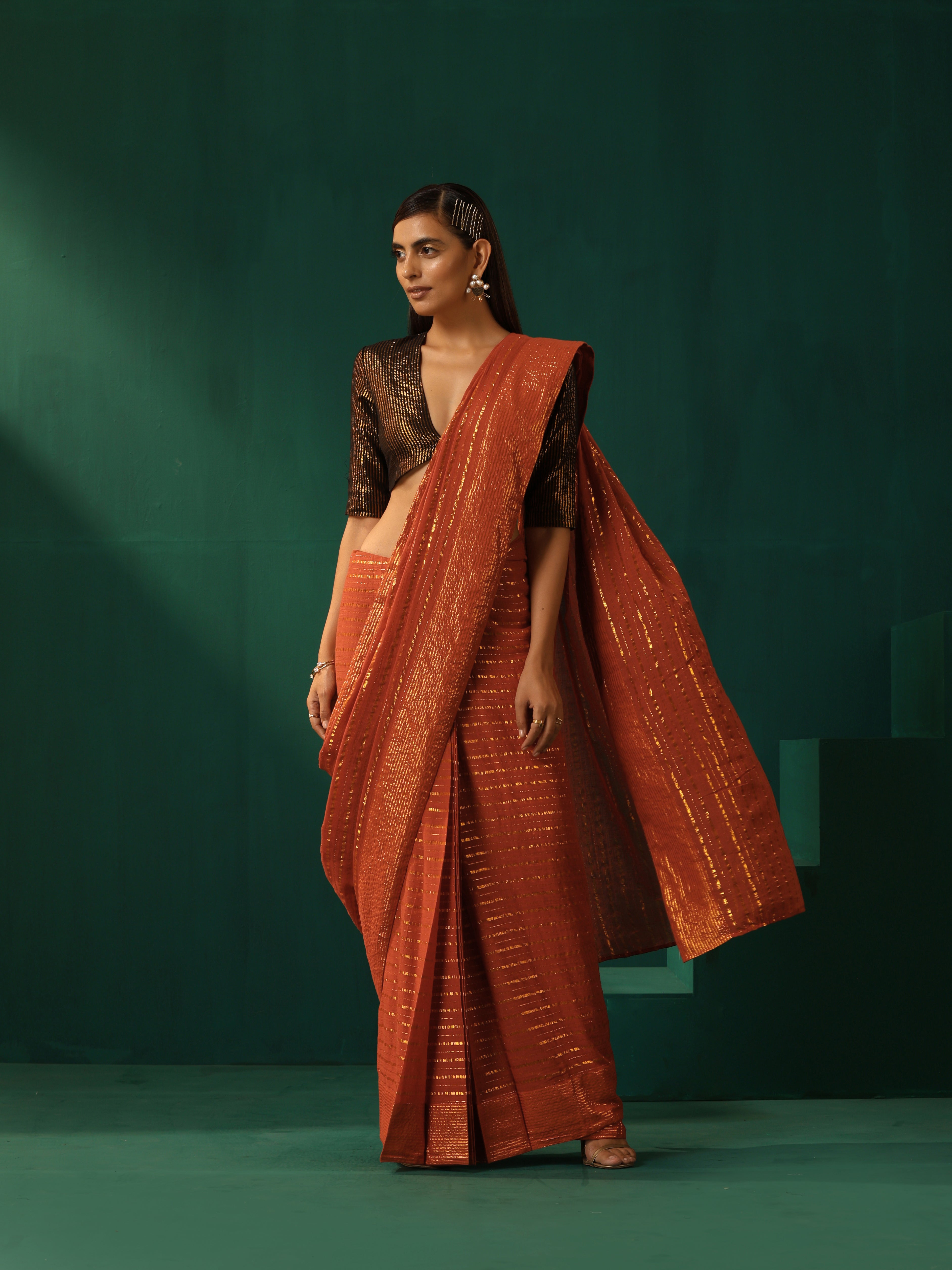 trueBrowns Rust Cotton Gold Lurex Striped Ready to Wear Saree - Distacart