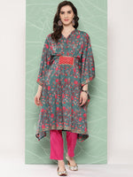 Thumbnail for Ahalyaa Women Floral Printed Flared Sleeves Gotta Patti Crepe Kaftan Kurta - Distacart