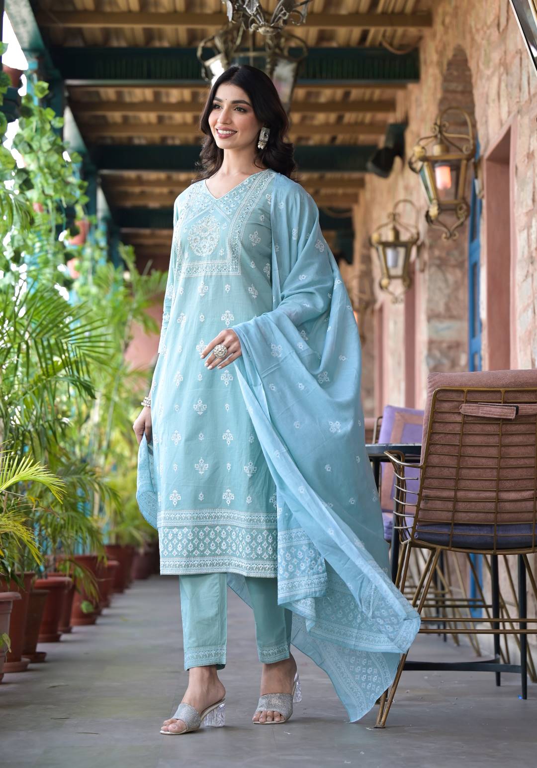 Varanga Women Sea Green Rubber Printed, Mirror Embellished Straight Kurta Paired With Bottom And Dupatta - Distacart