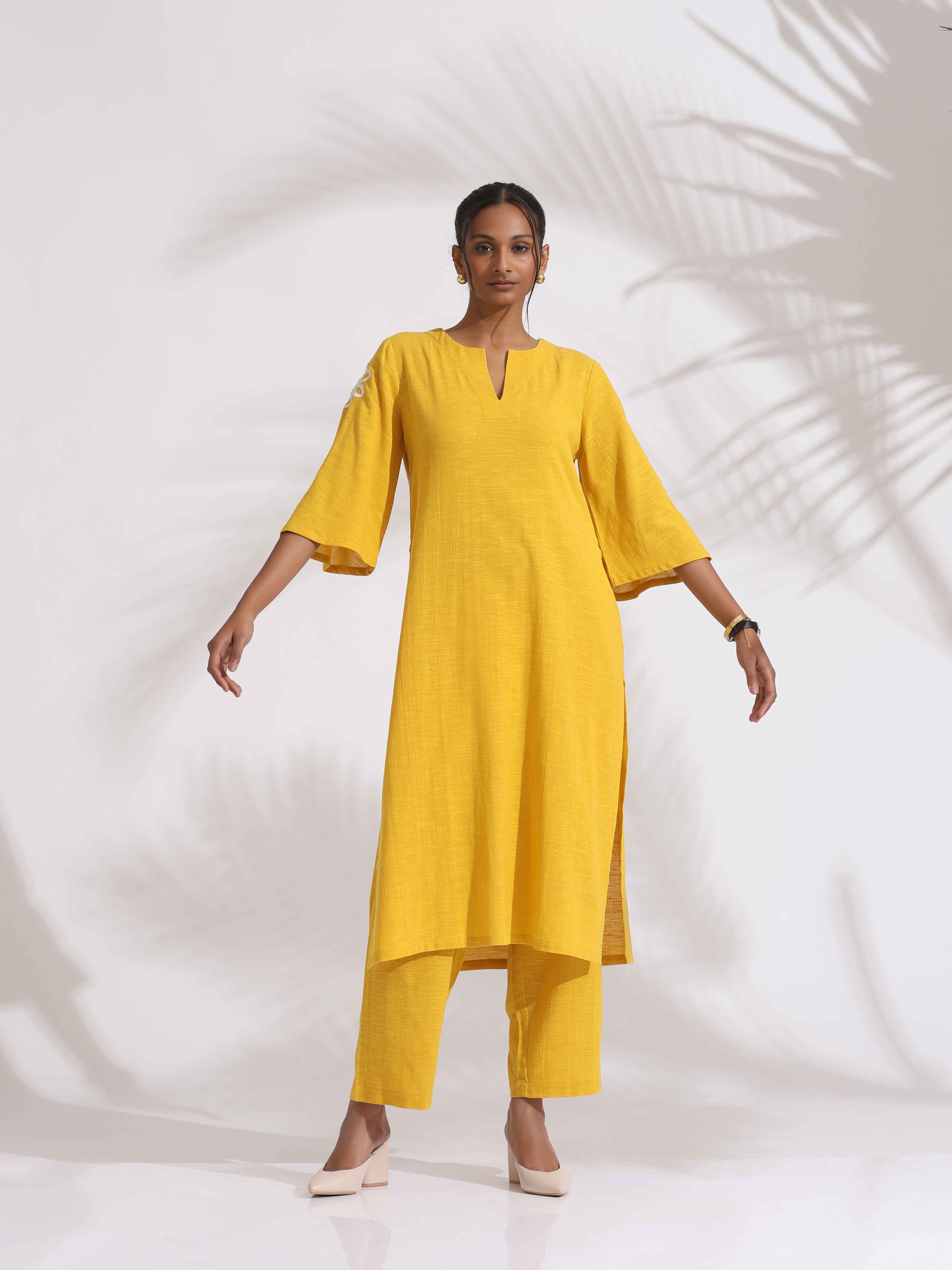 trueBrowns Yellow Cotton Slub Embroidered Straight Kurta Set - Distacart