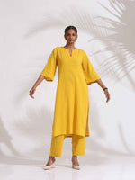 Thumbnail for trueBrowns Yellow Cotton Slub Embroidered Straight Kurta Set