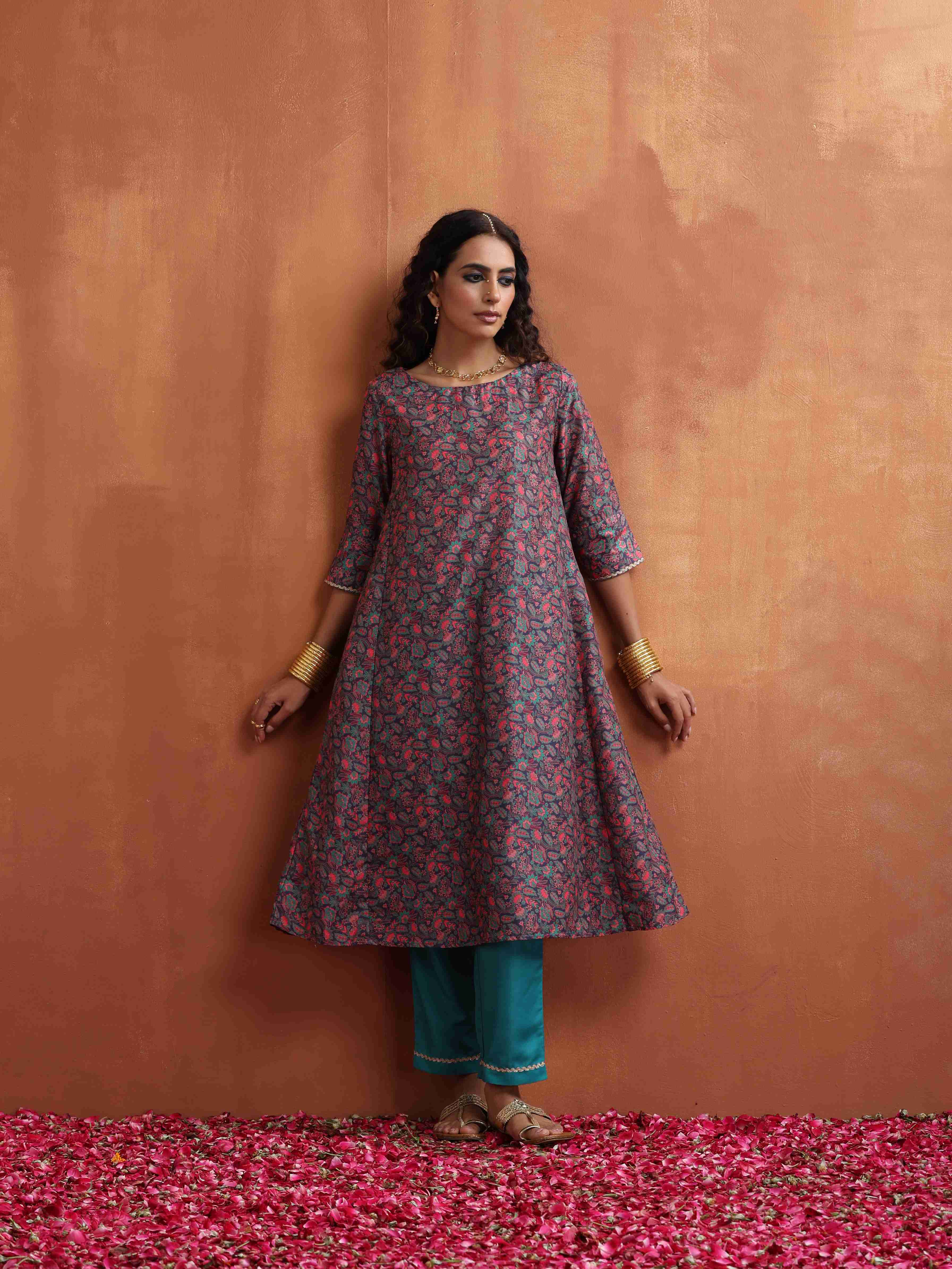 trueBrowns Purple Print A-line Kurta Set - Distacart