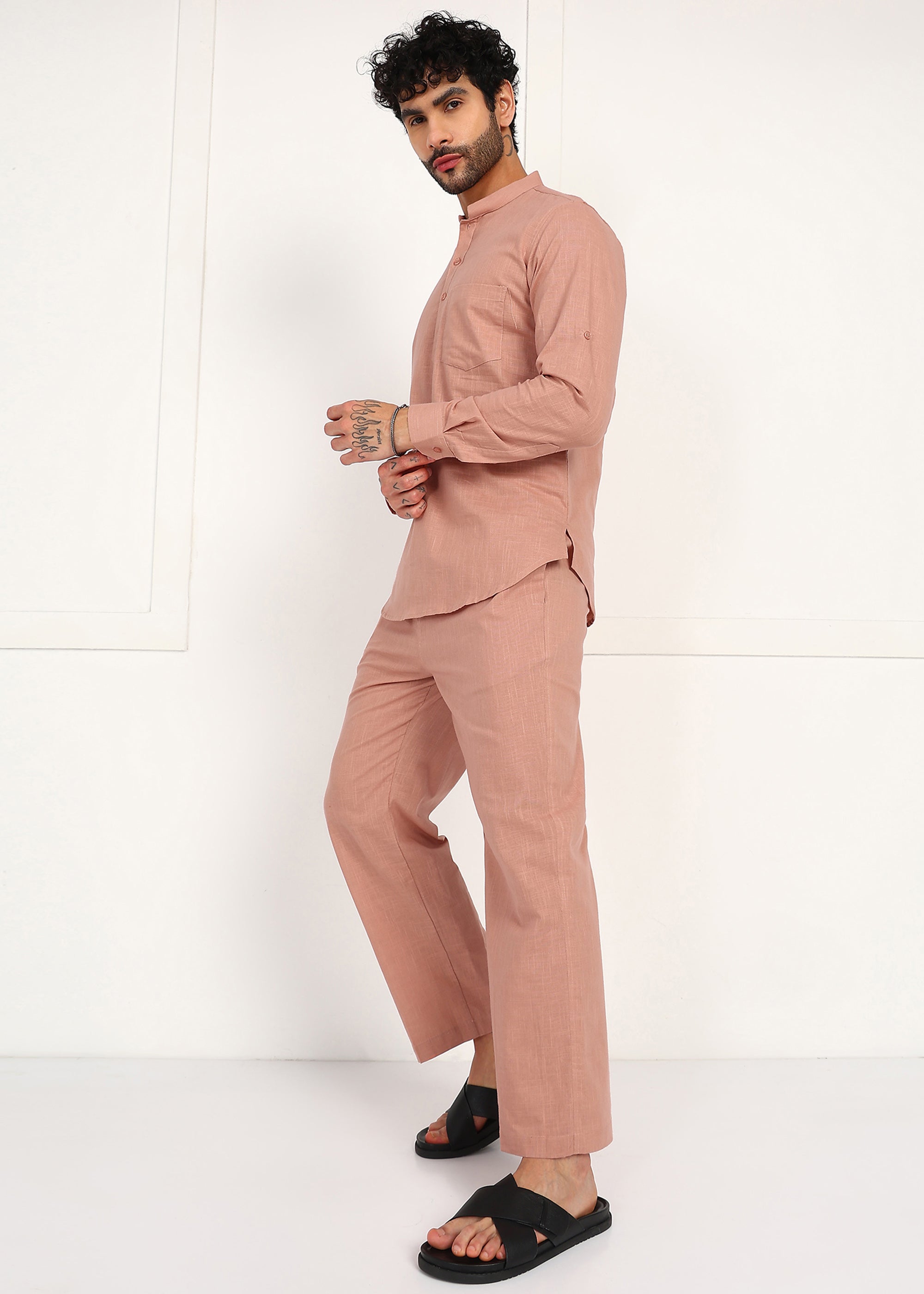 Fabmade Men’S Peach Linen Short Kurta Set - Distacart