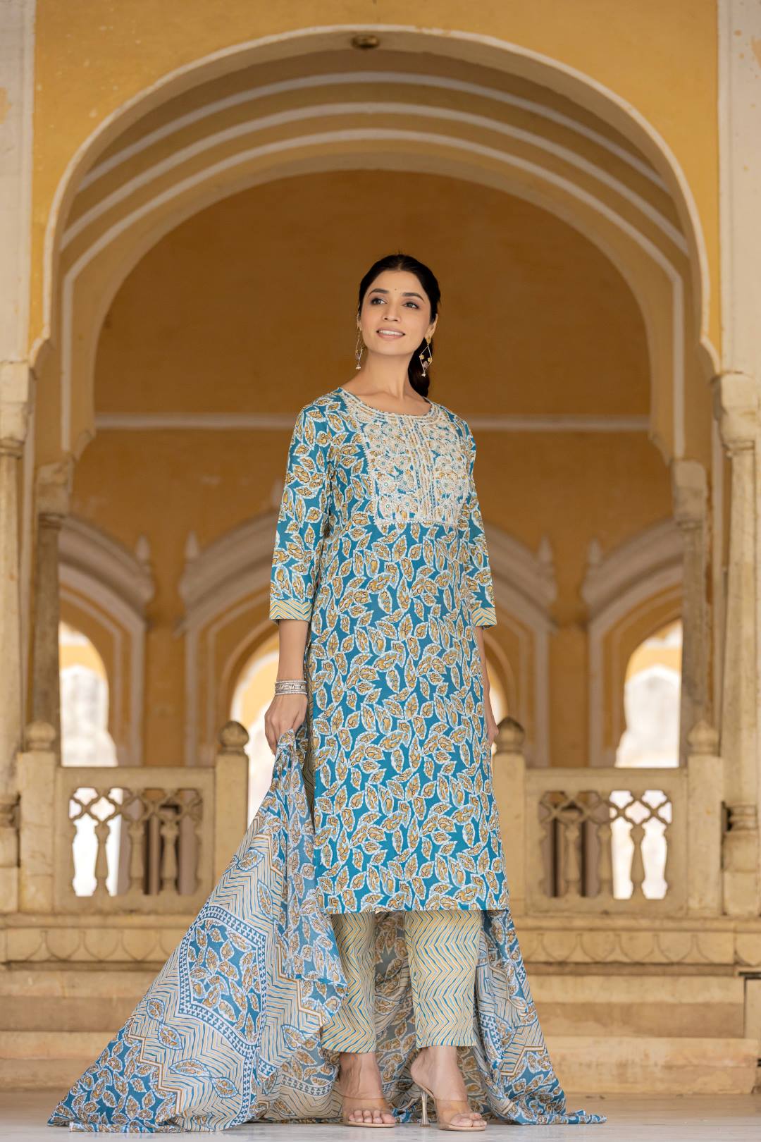 Varanga Women Blue Round Neck Floral Printed Embroidered Kurta Paired With Bottom And Dupatta - Distacart