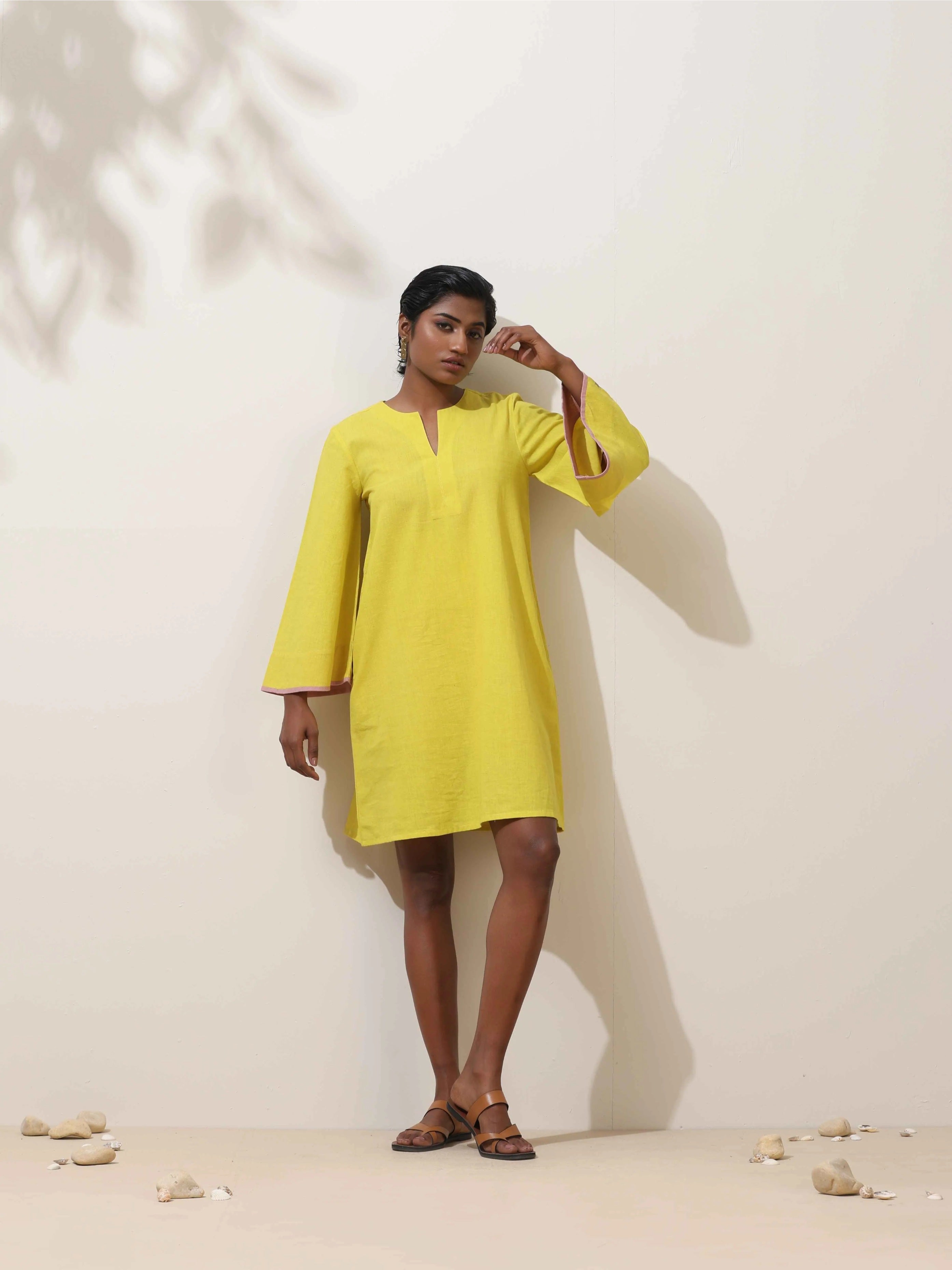 trueBrowns Lime Cotton Linen Dress - Distacart