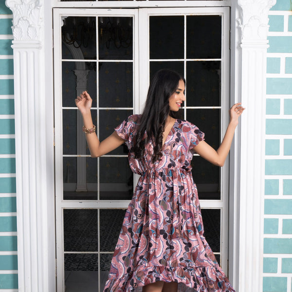 Noroke Sustainable fabric | Bemberg Brown Printed High Low Dress - Distacart