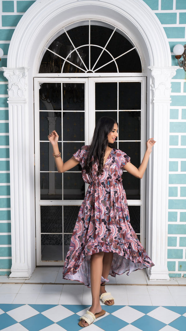 Noroke Sustainable fabric | Bemberg Brown Printed High Low Dress - Distacart