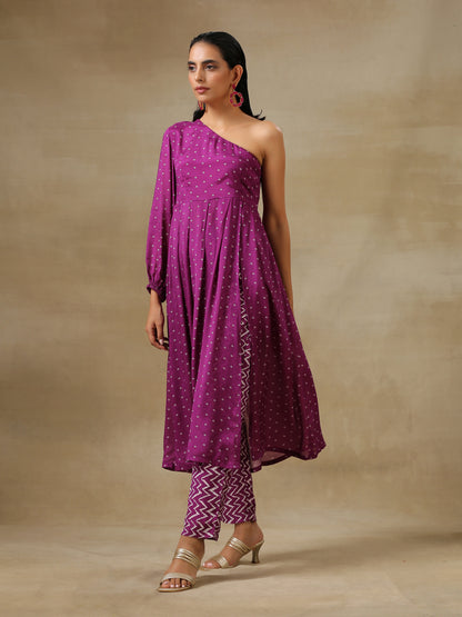 trueBrowns Purple Bandhani Printed Silk One Shoulder Kurta Pant Set - Distacart