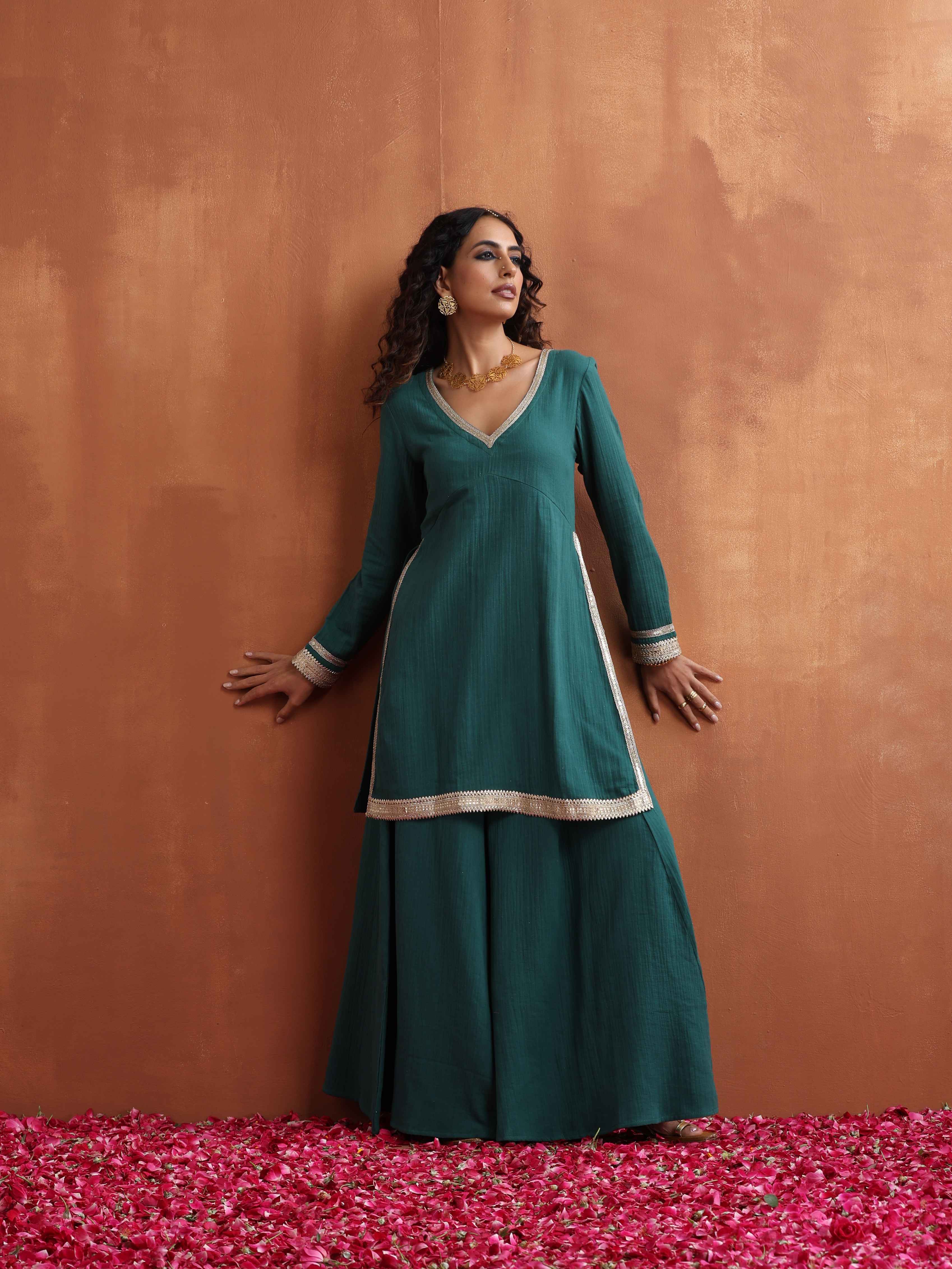 trueBrowns Green Cotton Sharara Set - Distacart