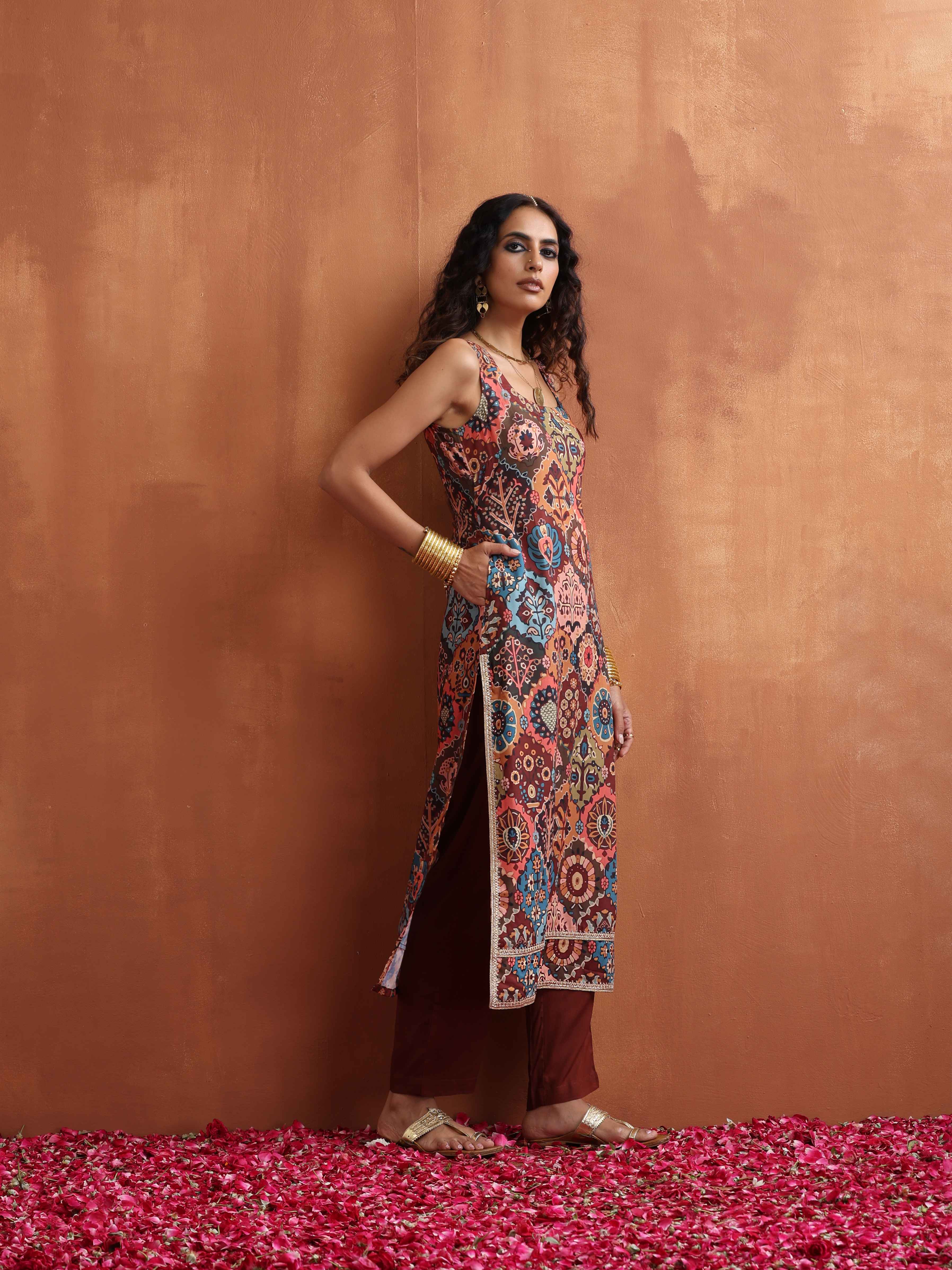 trueBrowns Cola Print Straight Kurta Set - Distacart