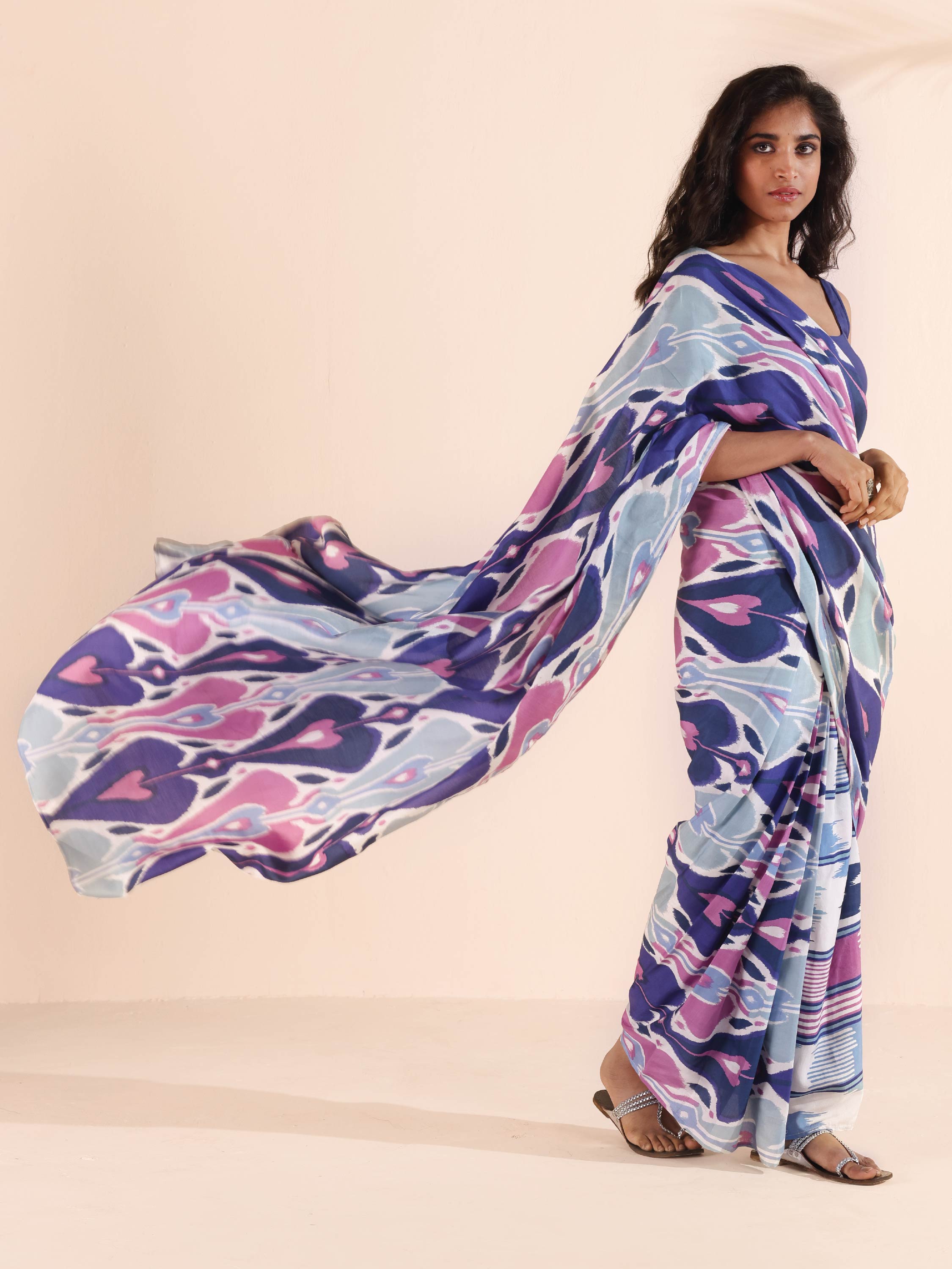 trueBrowns Blue Purple Muslin Ikat Saree - Distacart