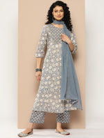 Thumbnail for Varanga Women Grey Floral Printed Anarkali Kurta Paired With Printed Bottom And Solid Chiffon Dupatta - Distacart