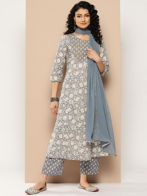 Varanga Women Grey Floral Printed Anarkali Kurta Paired With Printed Bottom And Solid Chiffon Dupatta - Distacart