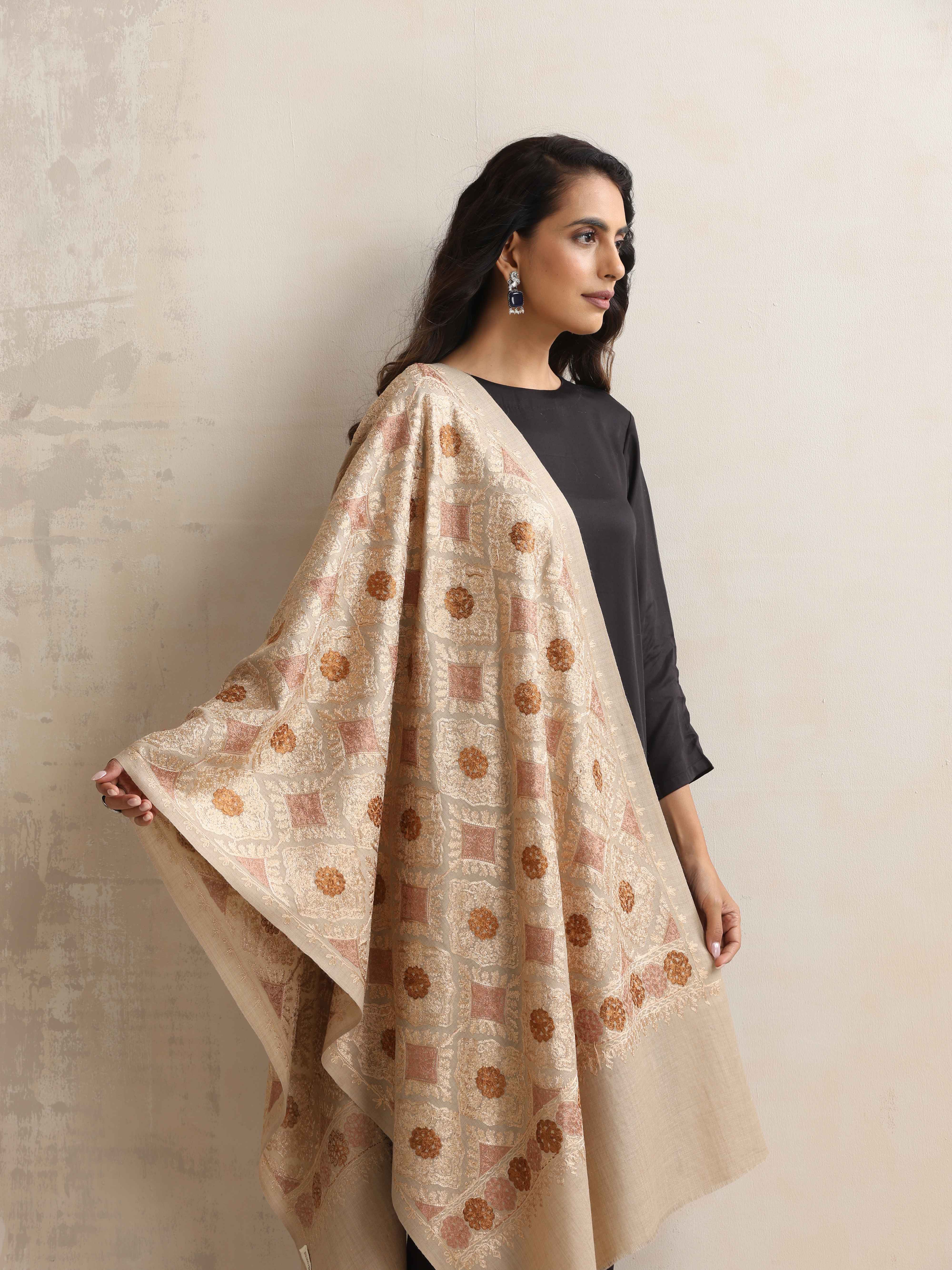 trueBrowns Beige Geometric Embroidered Woollen Stole - Distacart