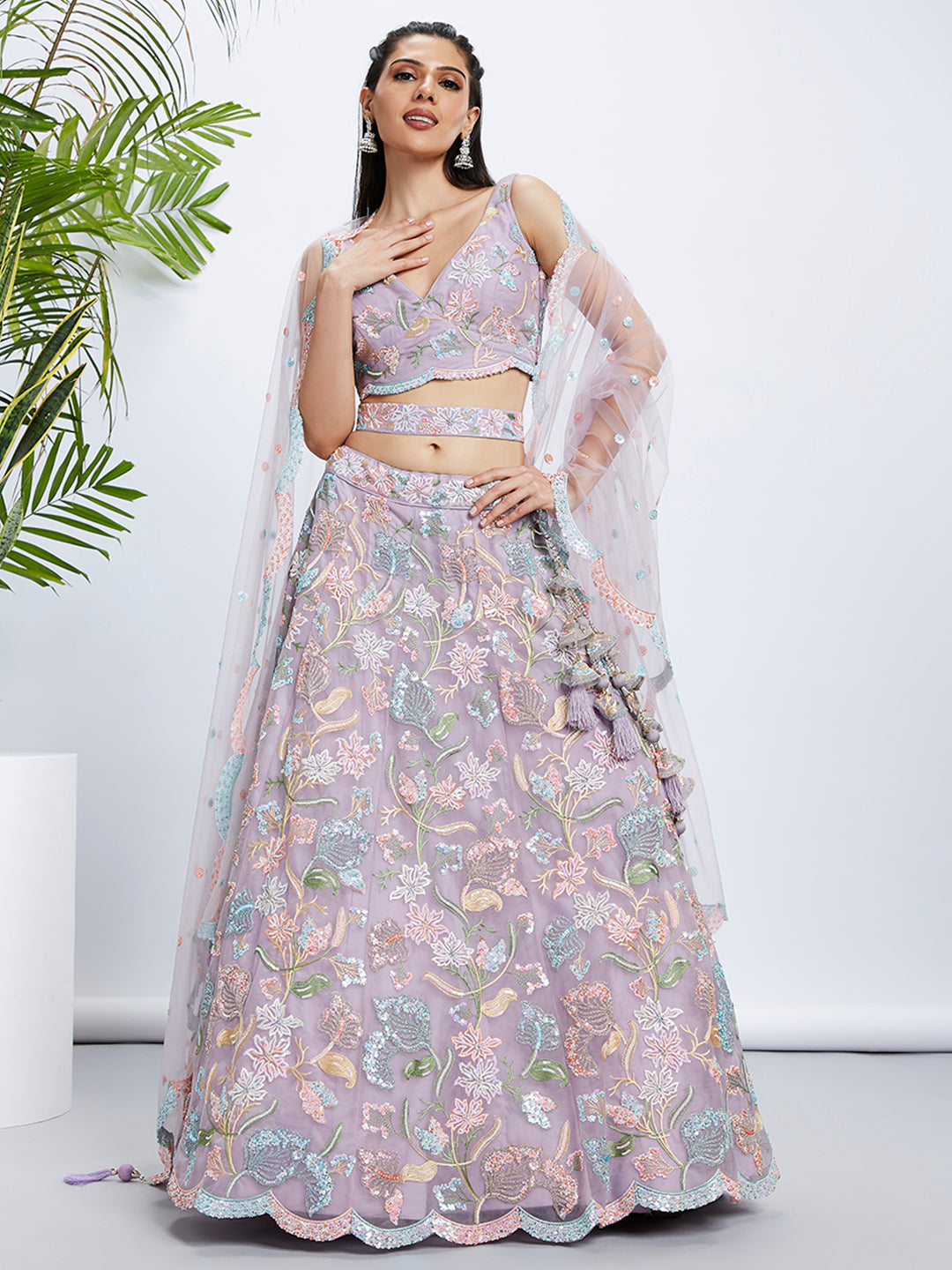 House of Panchhi Pink Chiffon Sequins And Thread Embroidery Lehenga Choli & Printed Dupatta - Distacart